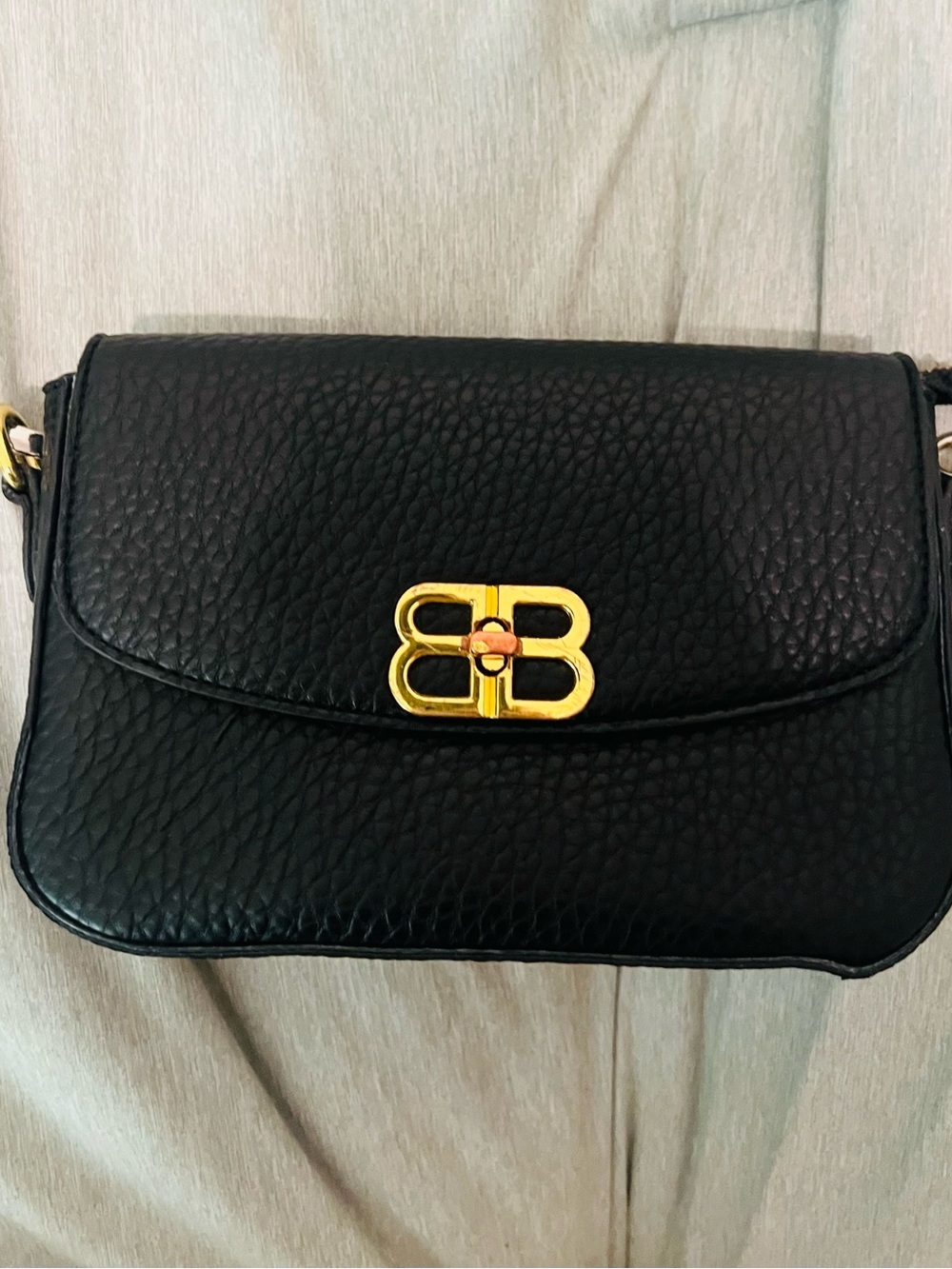 Black Pebbled Leather Crossbody with Gold Double-B Initial Accent